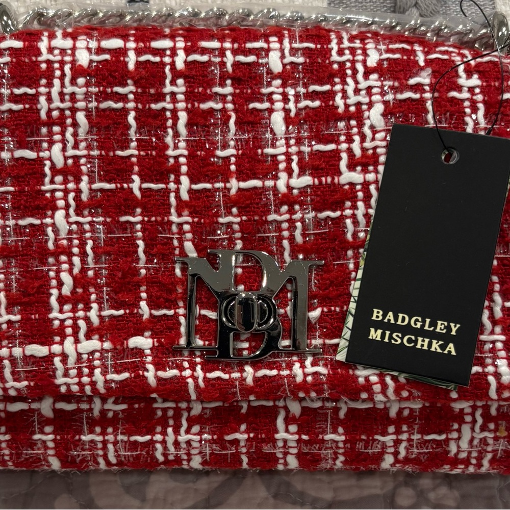 Badgley Mischka Red and White Tweed Clutch